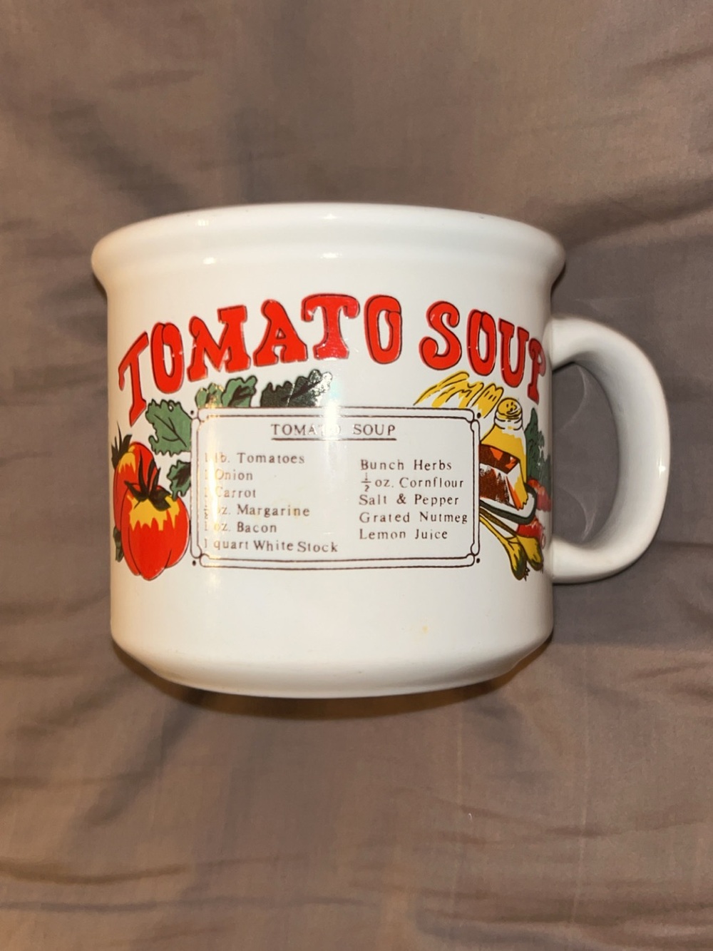 Vintage 1970's Tomato Soup Ceramic Mug - White with Red and Multicolor Print